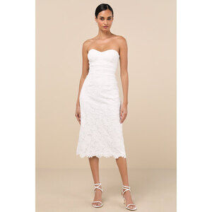 Lulus Aramis White Embroidered Lace Strapless Bustier Midi Dress - Size M